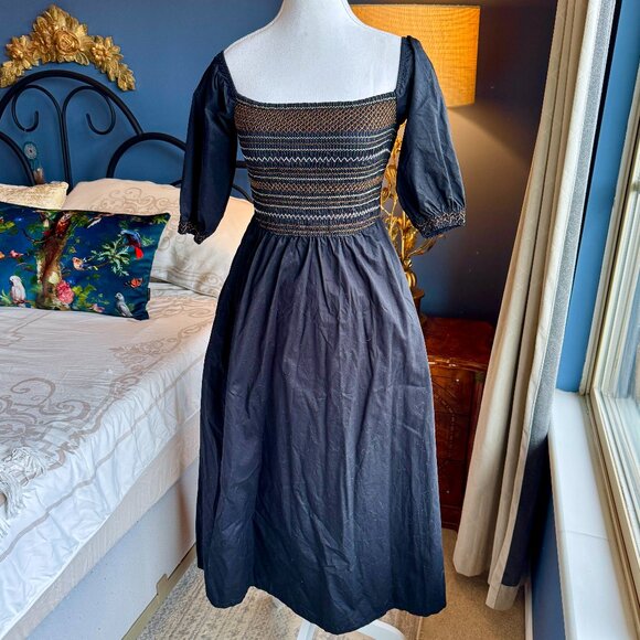 Old Navy Black Midi Dress w Tan Elastic Smocked Bodice - Picture 1 of 15